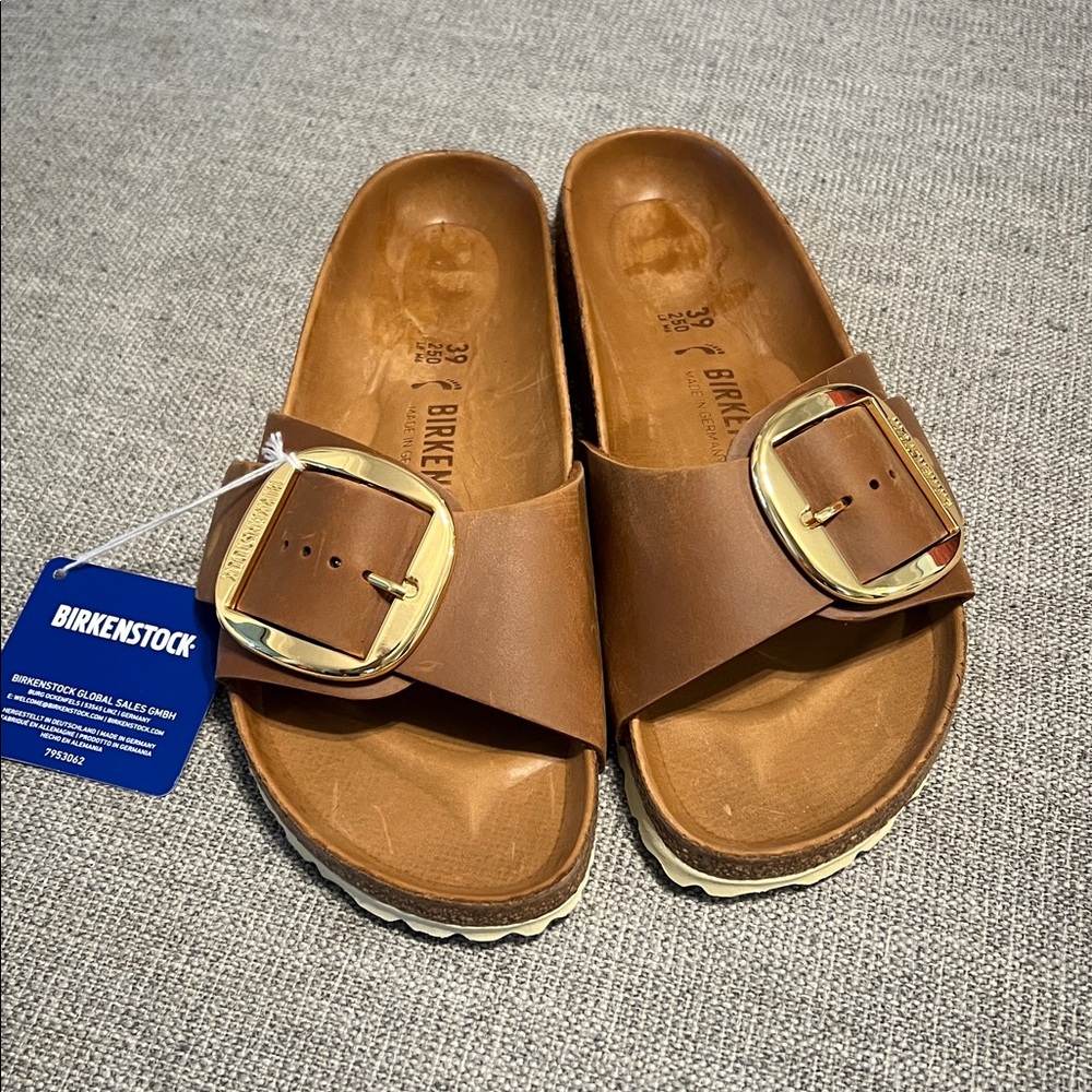 NWT Birkenstock Madrid Big Buckle Slide Sandal Oiled Leather Cognac 39